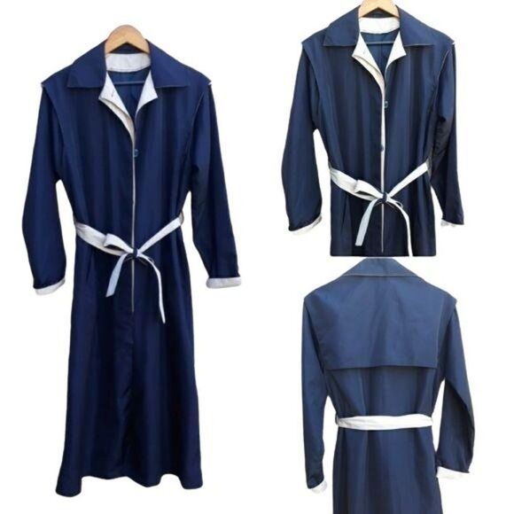 Vtg 80's Womens 6L Trench Coat Long Belted Sailor Back Color Block Black Cream - Picture 1 of 13